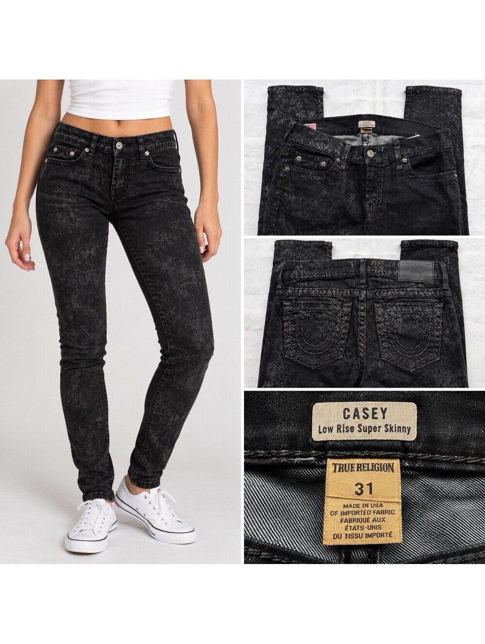True Religion Casey Jeans Women’s 31 Black Acid Wash Low Rise Super Skinny USA